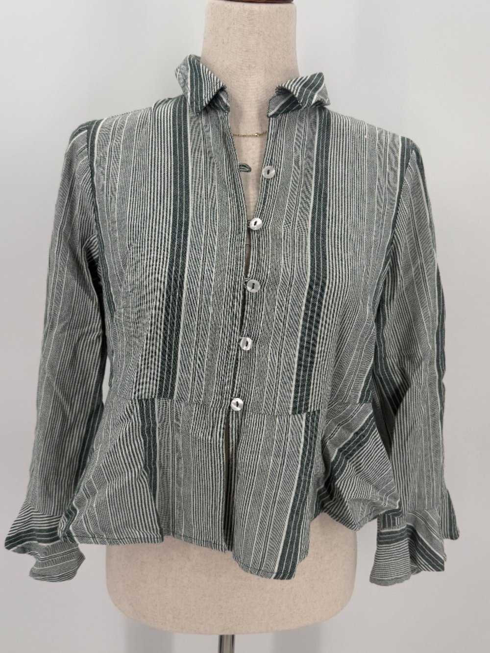 Free People Boho Striped Peplum Blouse Green Linen Blend Bell Sleeve Women M